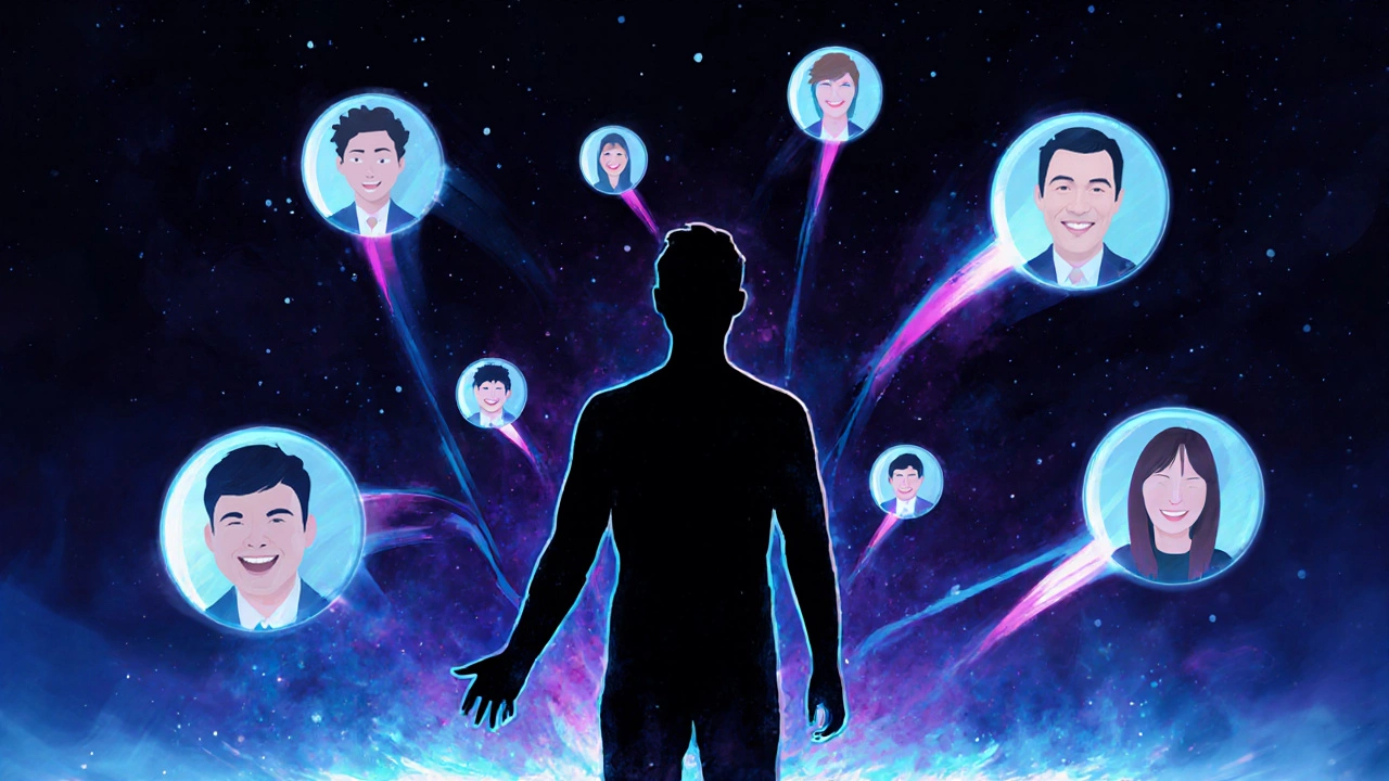 Абстрактное изображение человека, соединяющегося с туманными силуэтами незнакомцев в цифровом пространстве.