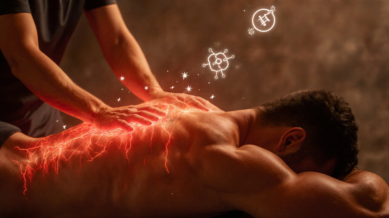 Атлет получает глубокий массаж спины, визуализированное улучшение кровообращения.