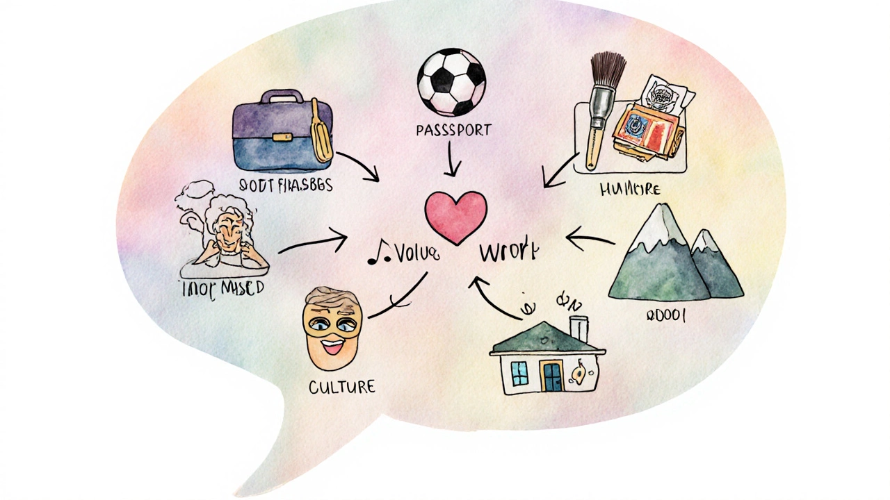 Коллаж из иконок: хобби, работа, путешествия, юмор, ценности, семья, культура, цели.