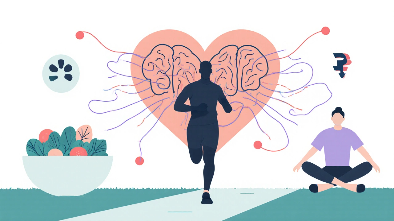 Коллаж здорового образа жизни: пробежка, здоровая еда, медитация и символы гормонов.