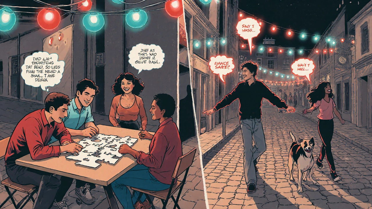 Люди на городском мероприятии: играют в пазл, танцуют сальса, гуляют с собаками.