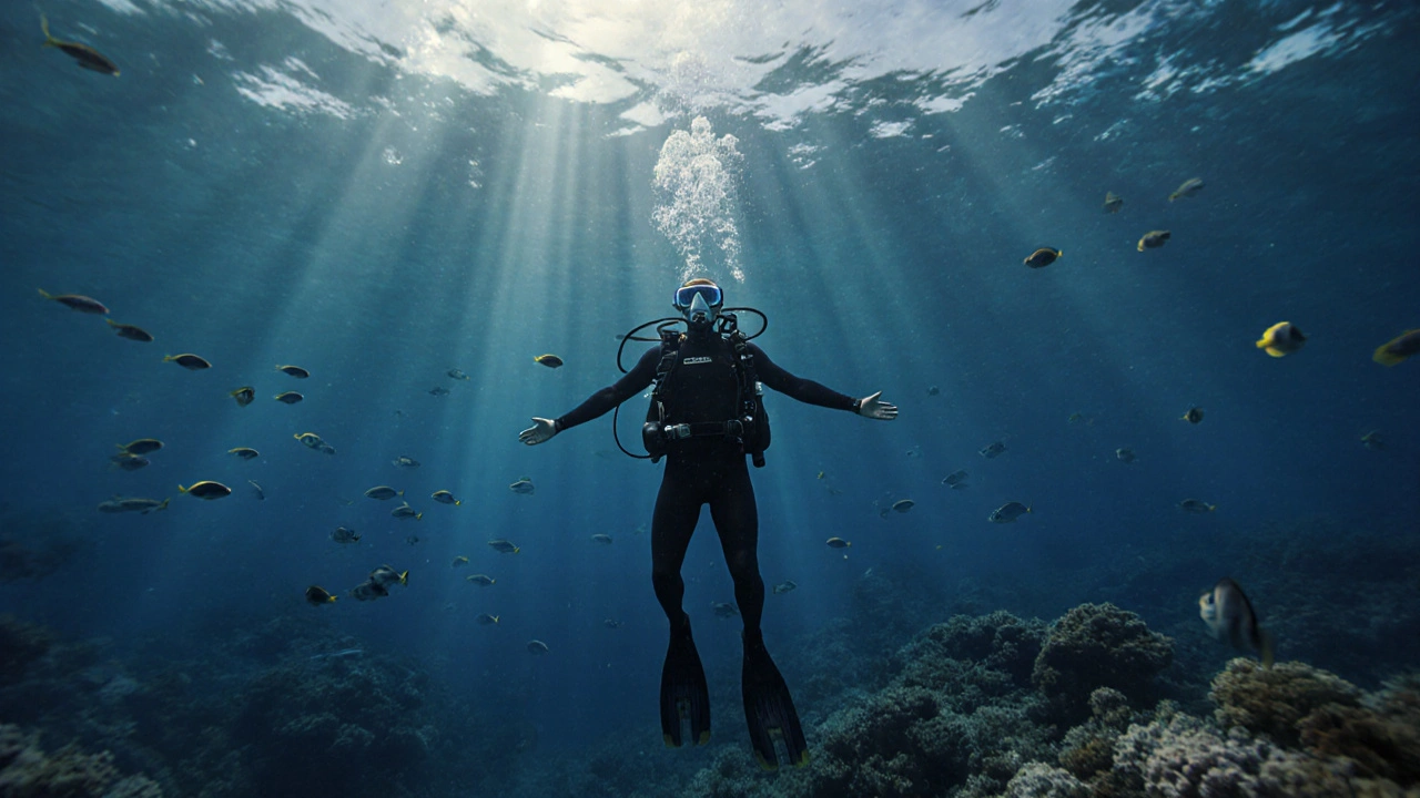 Мужчина плавает под водой без акваланга, солнечные лучи пронзают воду, вокруг — рыбы и кораллы.