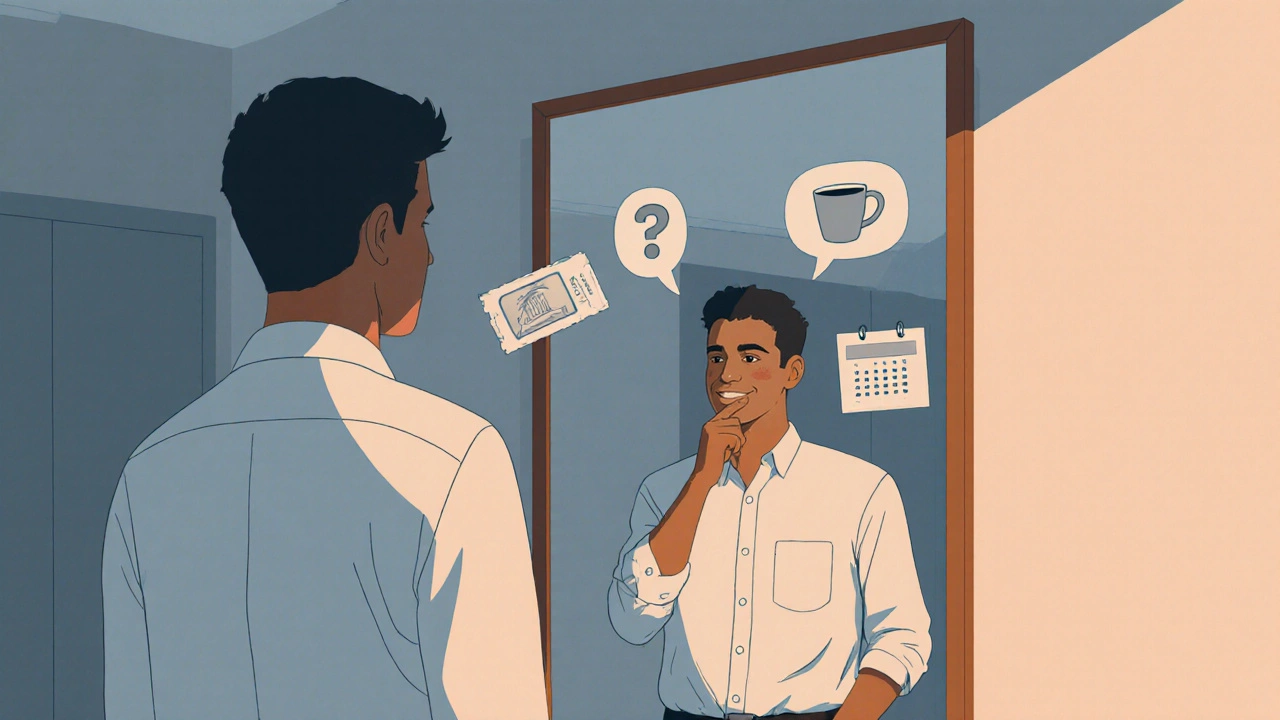 Мужчина репетирует вопрос перед зеркалом, задумчиво улыбается, готов к любому ответу.