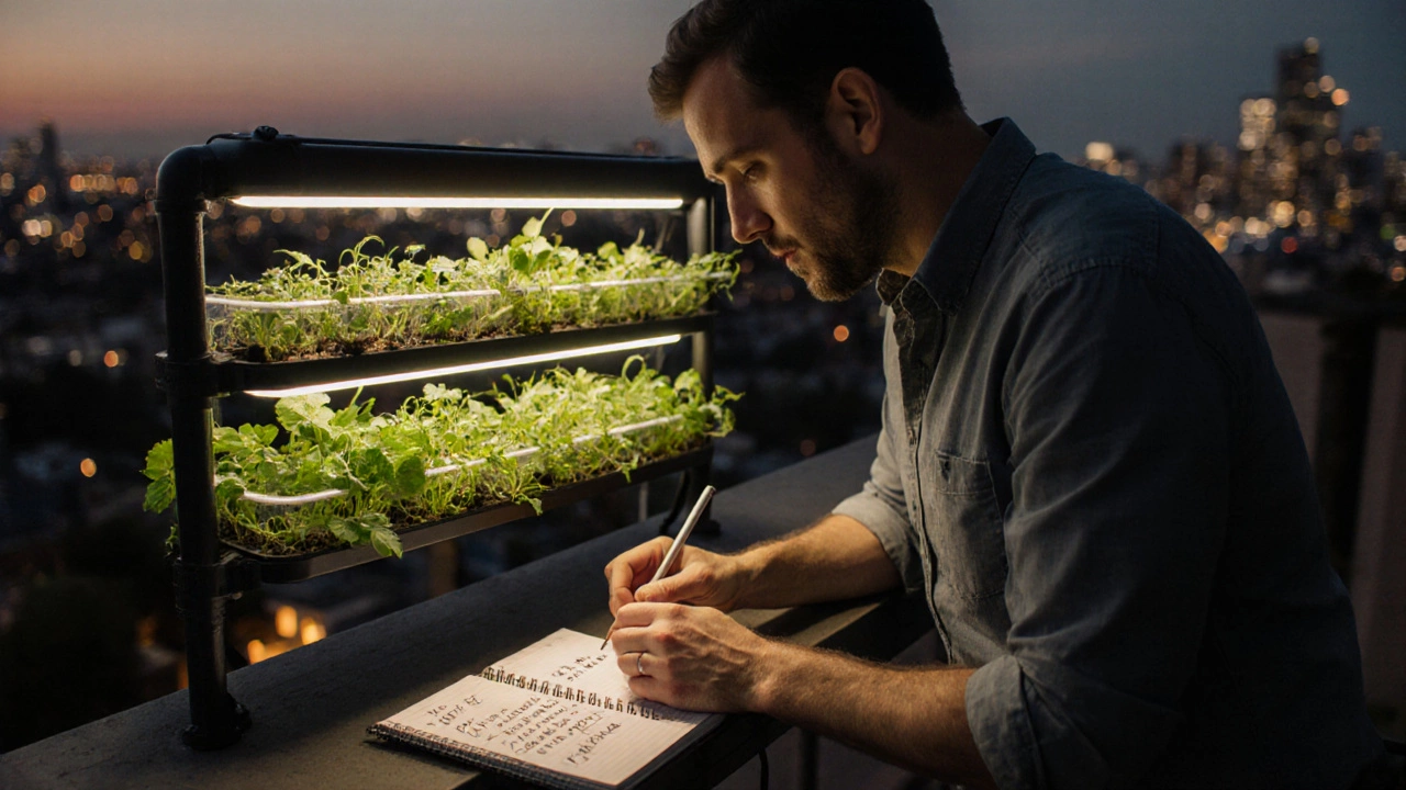 Мужчина ухаживает за вертикальным огородом на балконе, видны прозрачные трубки с корнями и зелень.