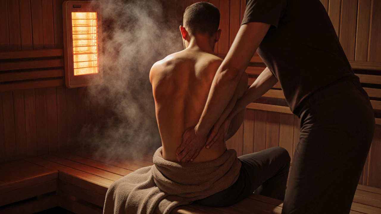 Мужчина в сауне получает массаж спины, вокруг пар и мягкий свет.