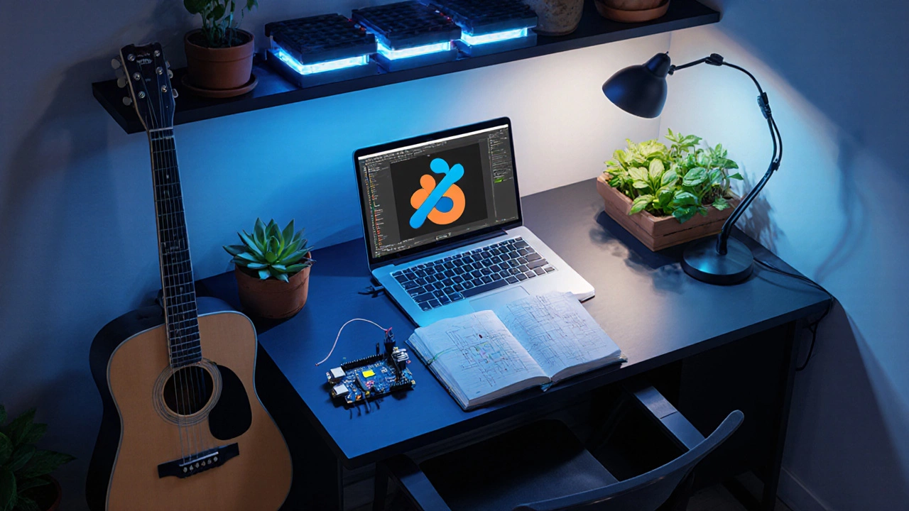 Рабочее место с ноутбуком, 3D‑модель, Arduino, гитара и комнатные растения.