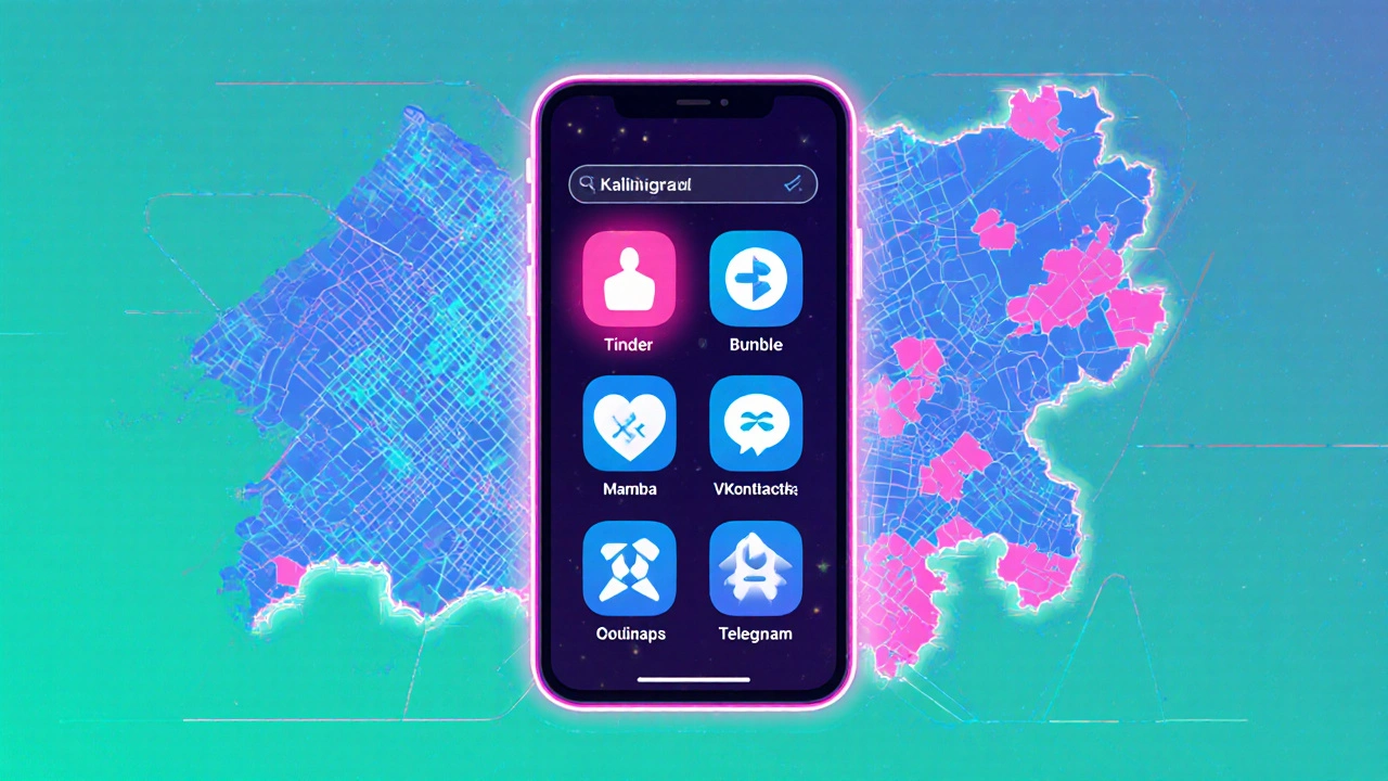 Смартфон с пятью иконками приложений для знакомств на фоне карты Калининграда.