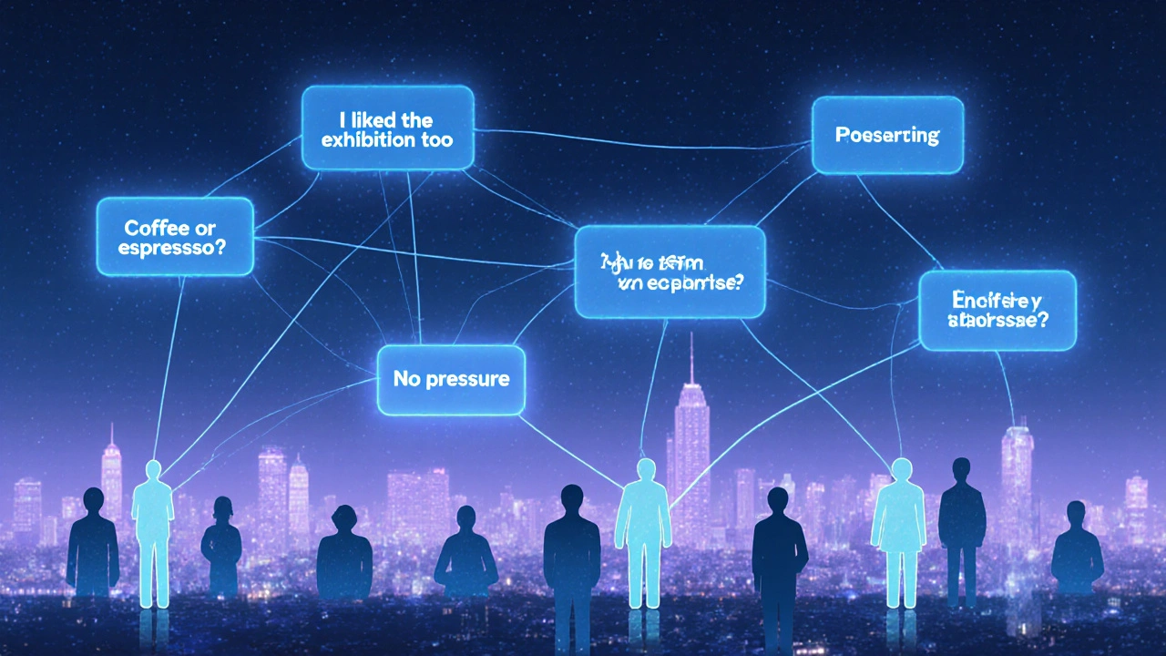 Светящиеся фразы в небе над городом, соединяющие силуэты людей в цифровом пространстве.