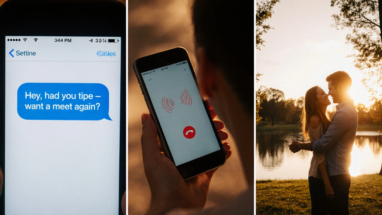 Три способа предложения второго свидания: сообщение на телефоне, звонок и личное предложение в парке.
