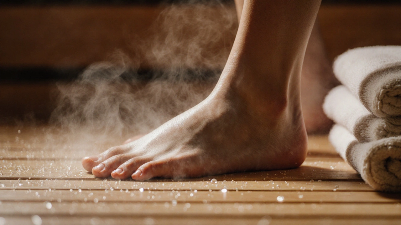 Босые ноги на горячем деревянном полу сауны, рядом лежит большое полотенце.