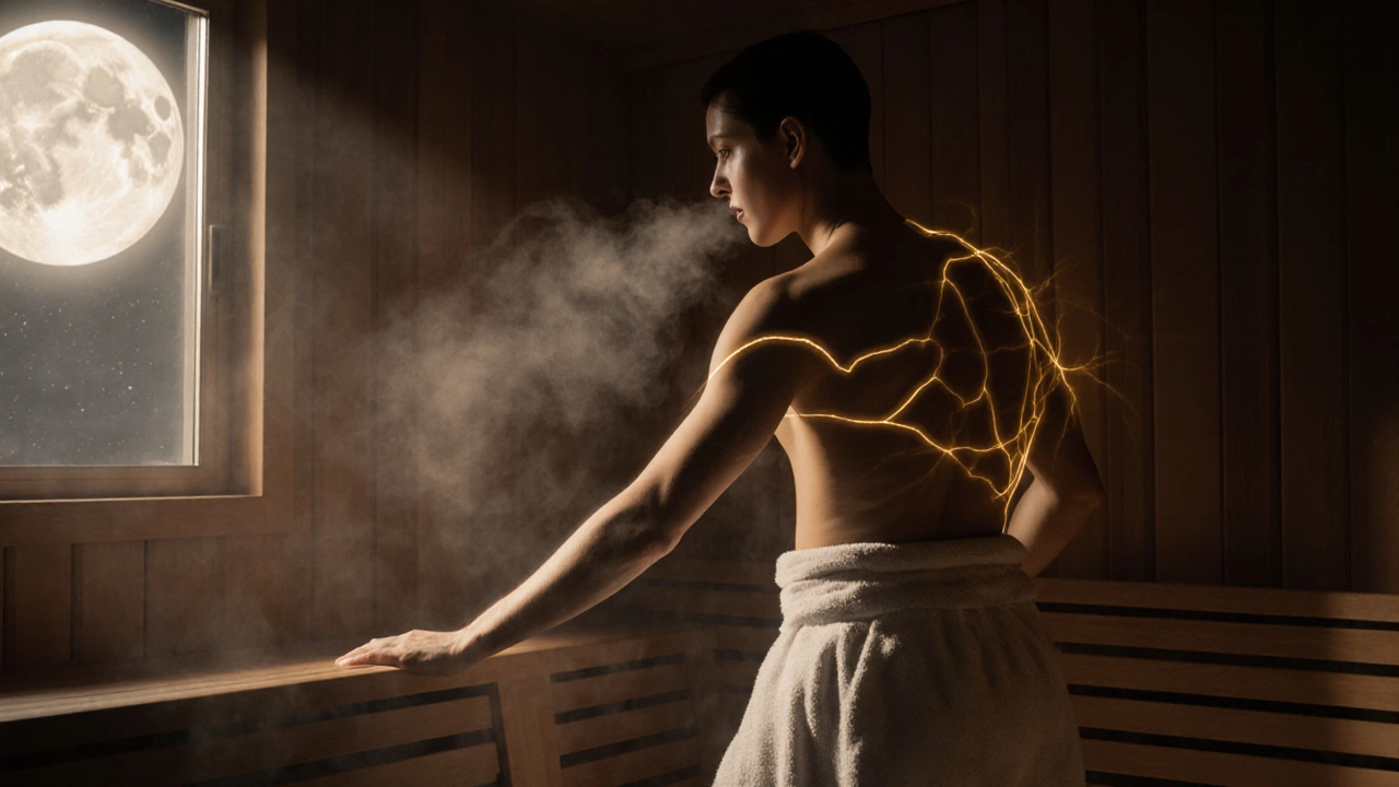 Человек выходит из сауны, пар поднимается от тела, мягкий свет и атмосфера восстановления