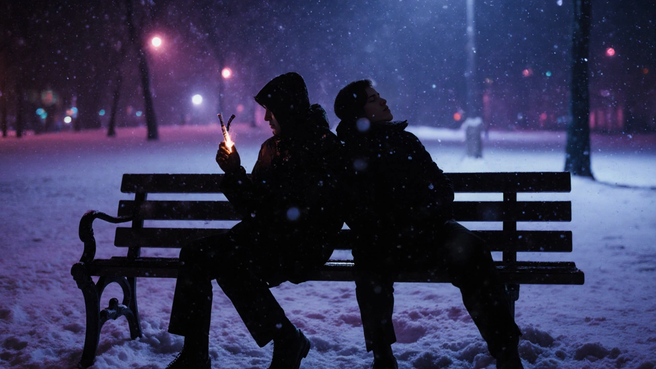 Две тени на скамейке в парке ночью, одна держит сигарету, вокруг падает снег.