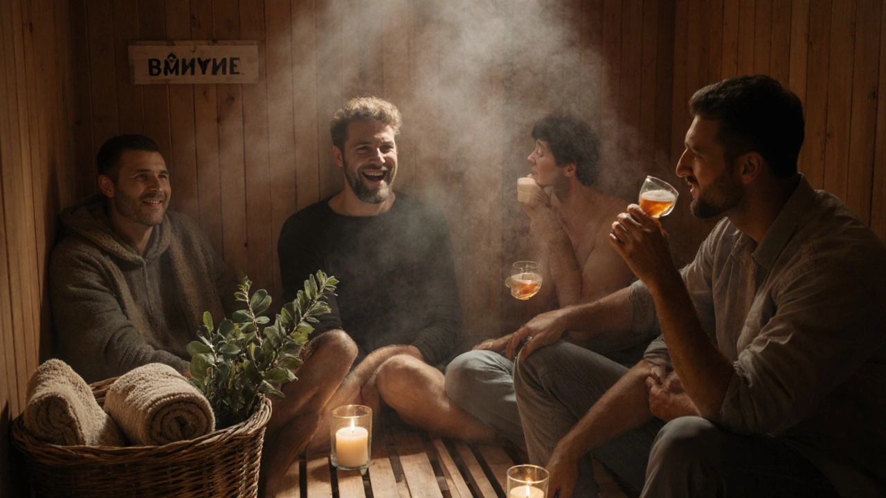 Группа друзей расслабляется после парилки, пьют чай и смеются в тёплой атмосфере.