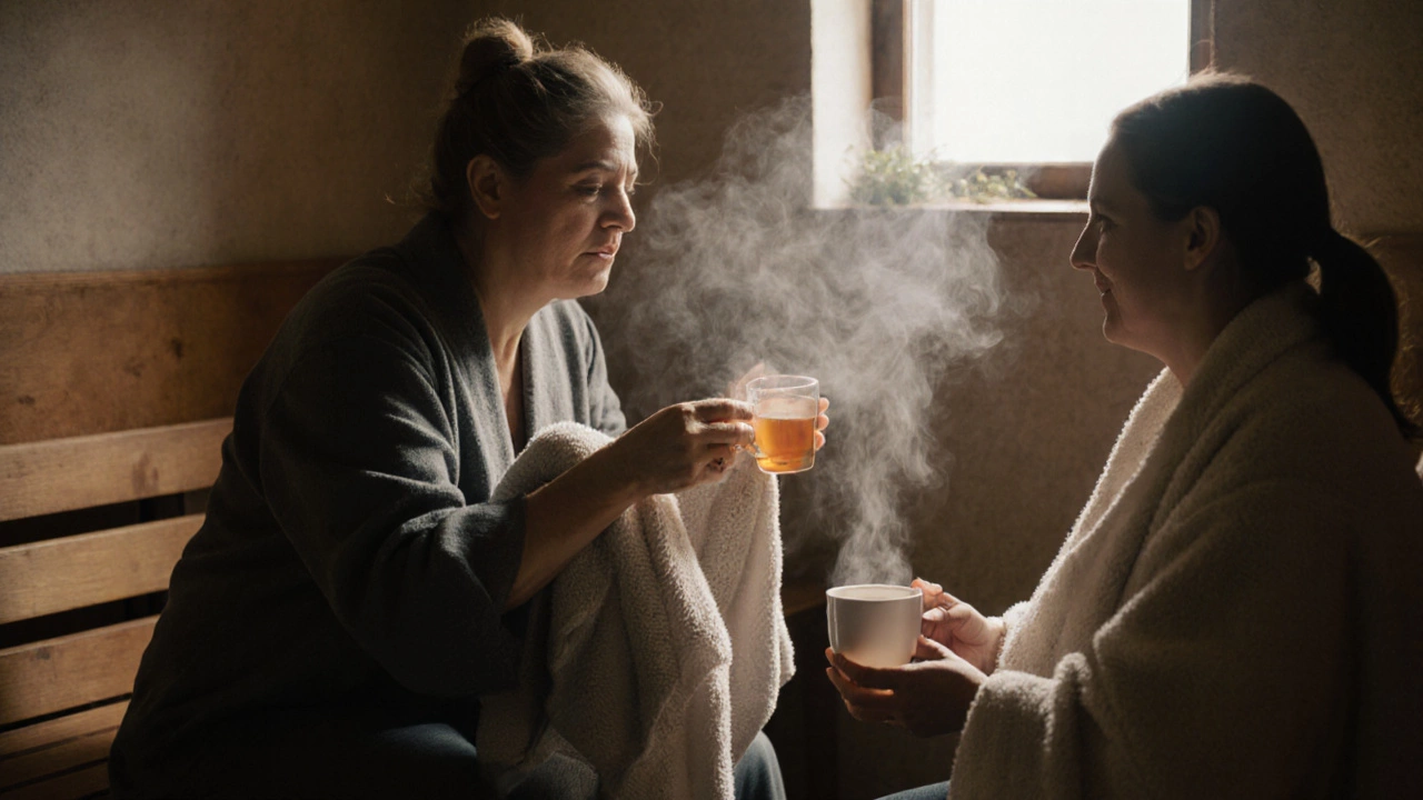 Хозяин бани встречает постоянного клиента с полотенцем и чаем, атмосфера доверия и заботы.