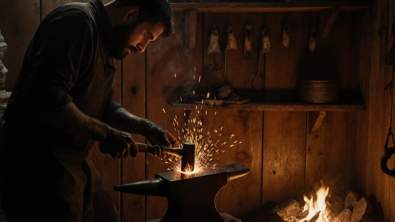 Мужчина кузнечит металл в деревянной мастерской, искры летят в полумраке.