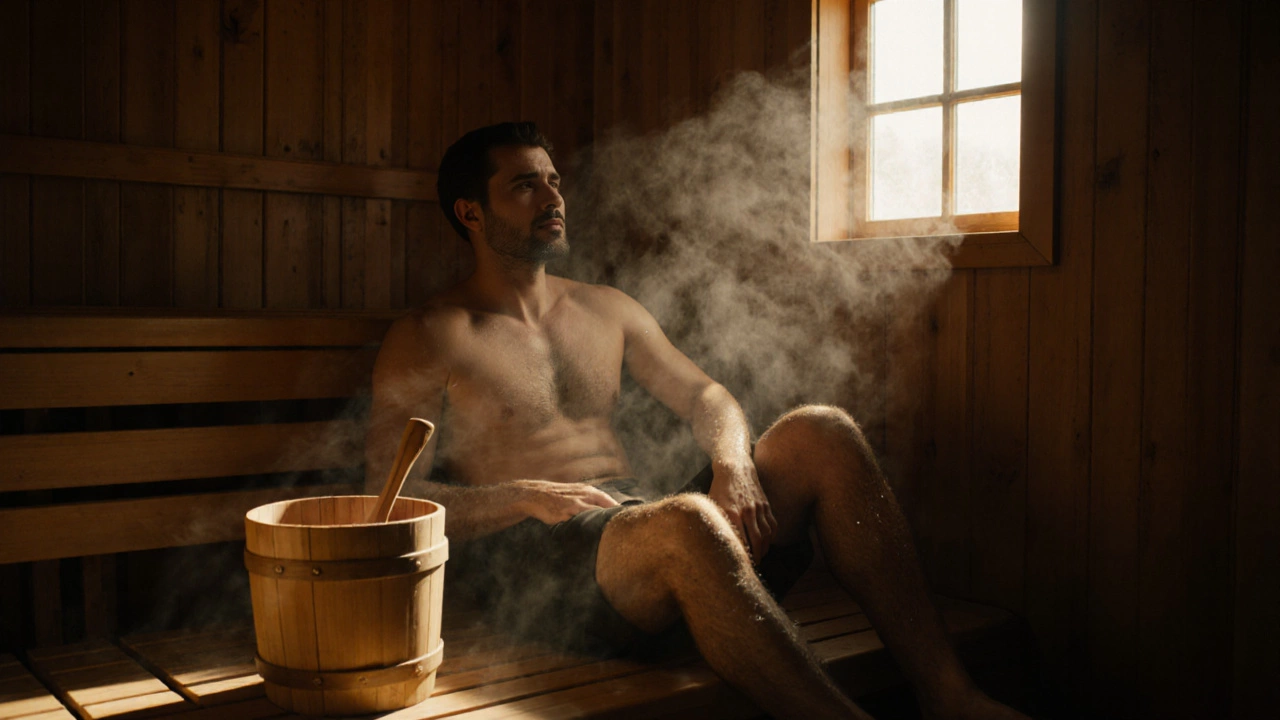 Мужчина отдыхает в деревянной сауне, пар поднимается вокруг него.