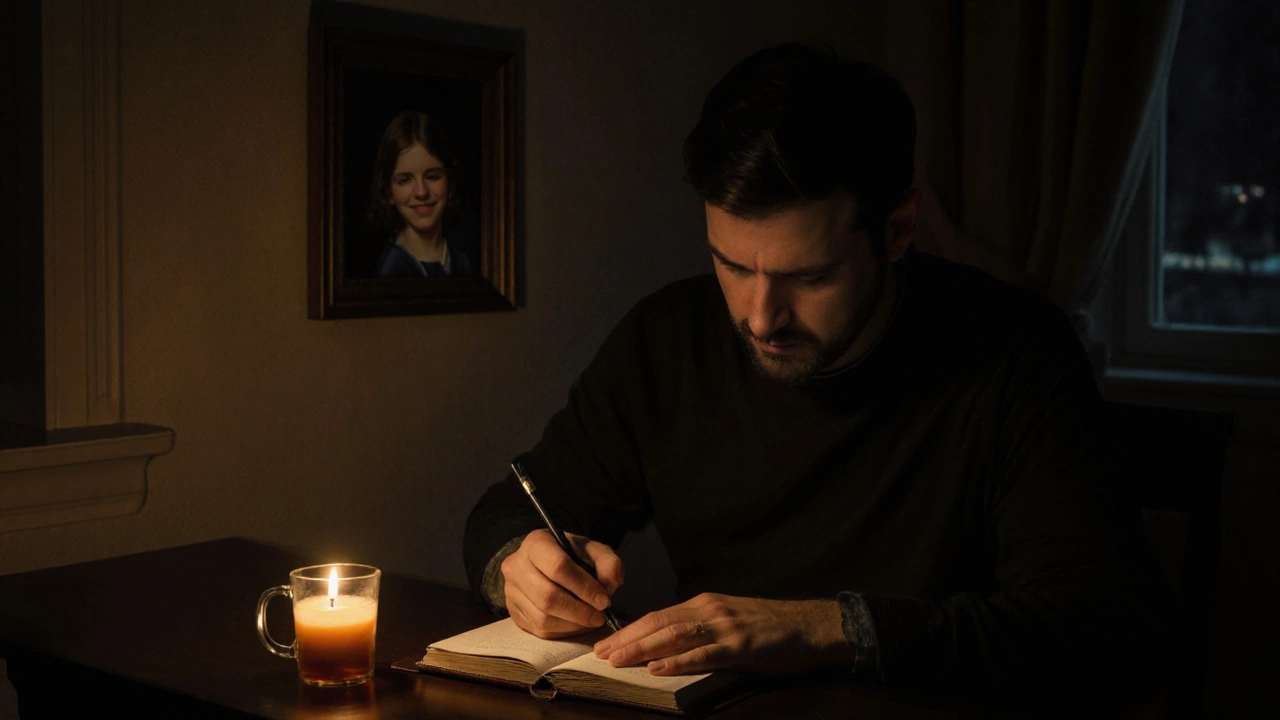 Мужчина пишет в блокноте при свече, рядом чашка травяного чая.