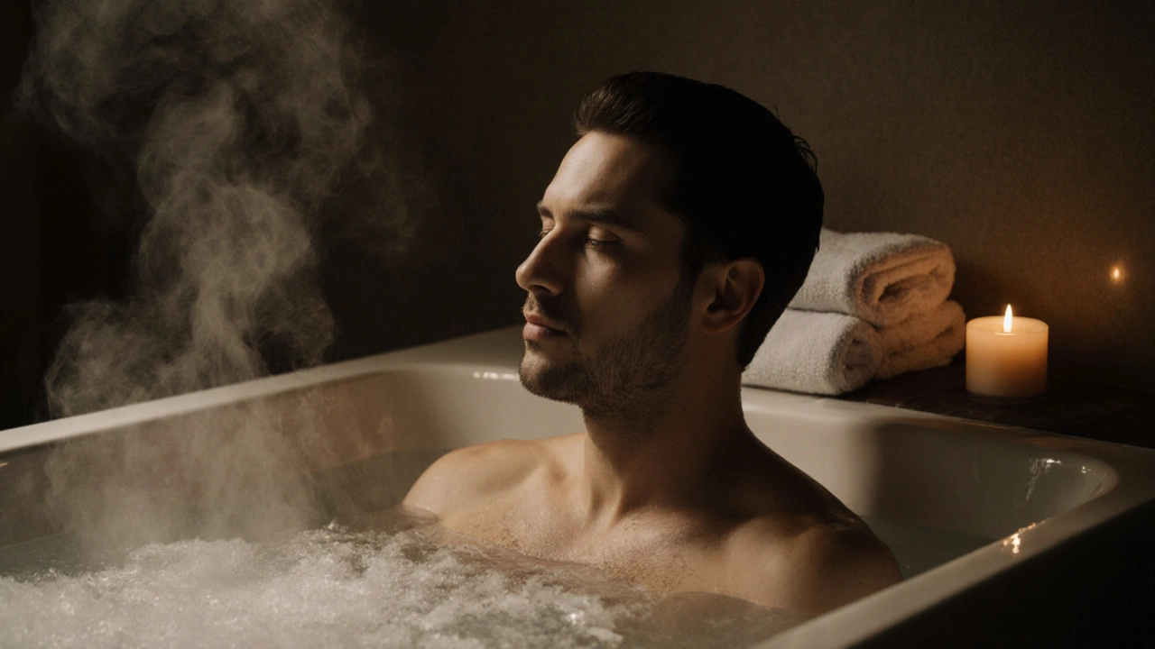 Мужчина расслабляется в тёплой ванне, закрыв глаза, в комнате тихо и уютно.