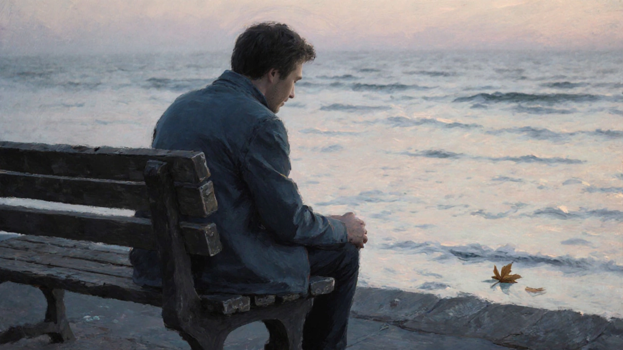 Мужчина сидит на скамейке у воды на закате, вокруг — тишина и пустота.