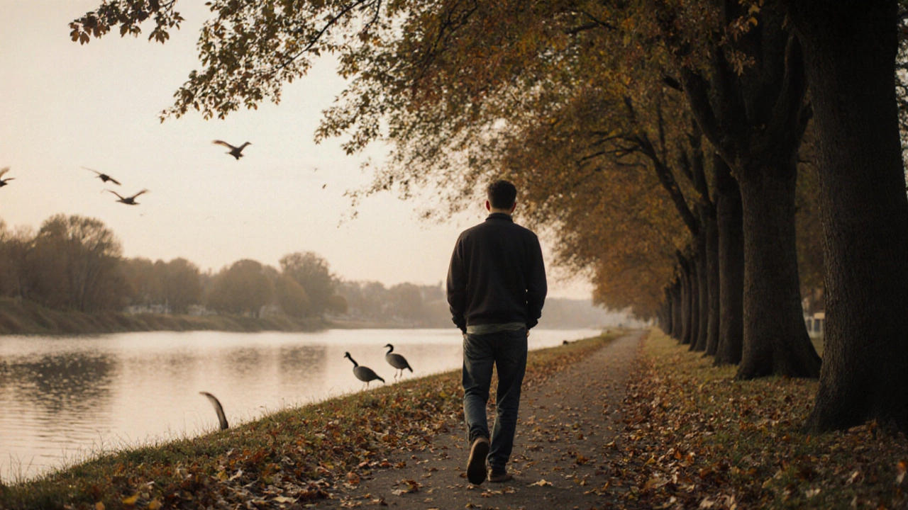 Мужчина спокойно гуляет по набережной осенью, без телефона и наушников.