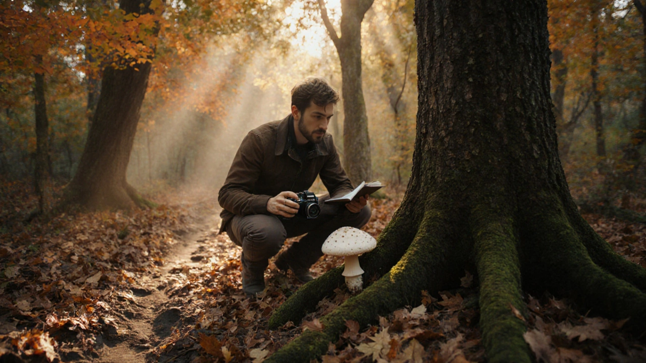 Мужчина в лесу рассматривает гриб, держа блокнот и старую камеру.