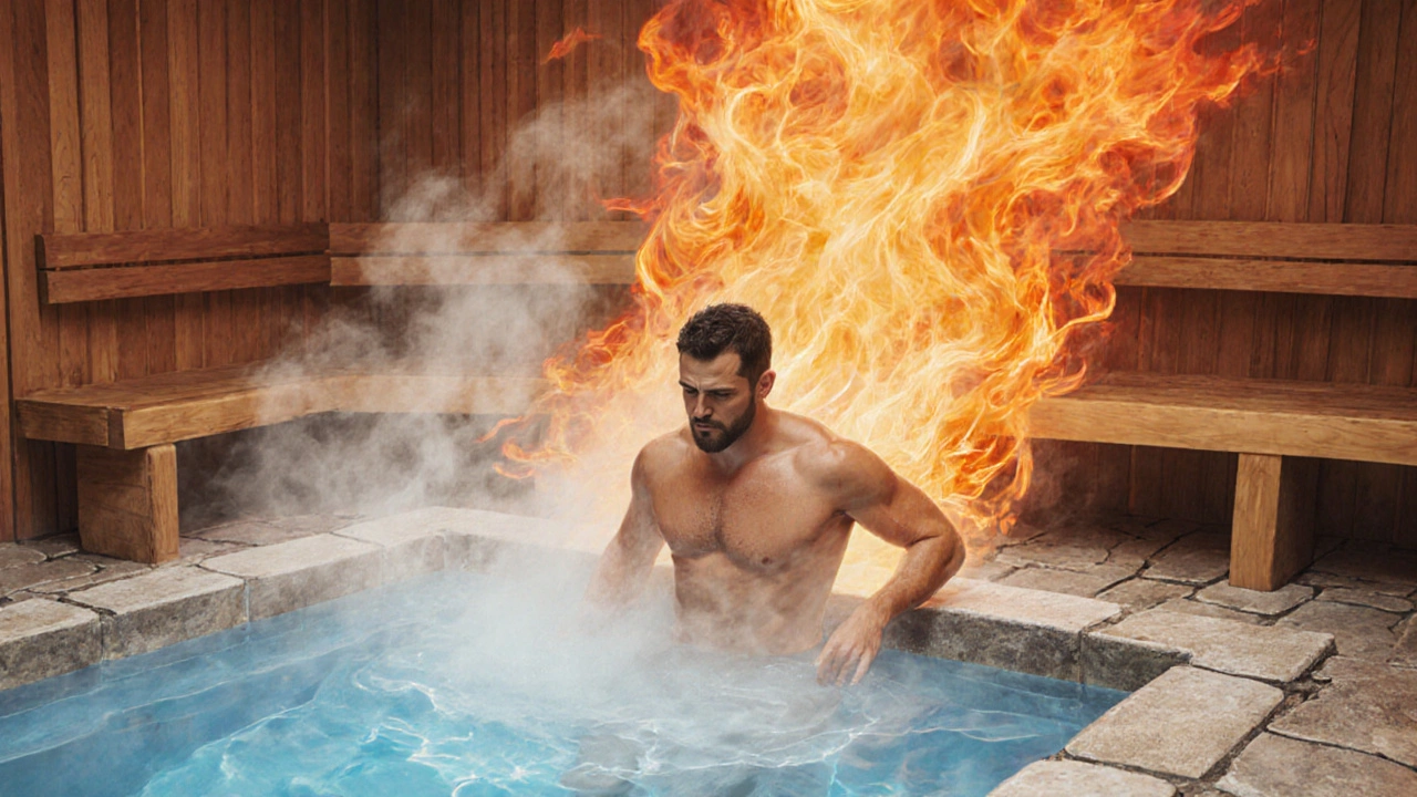 Мужчина выходит из сауны в холодную ванну, пар поднимается вокруг тела, контраст тепла и холода.