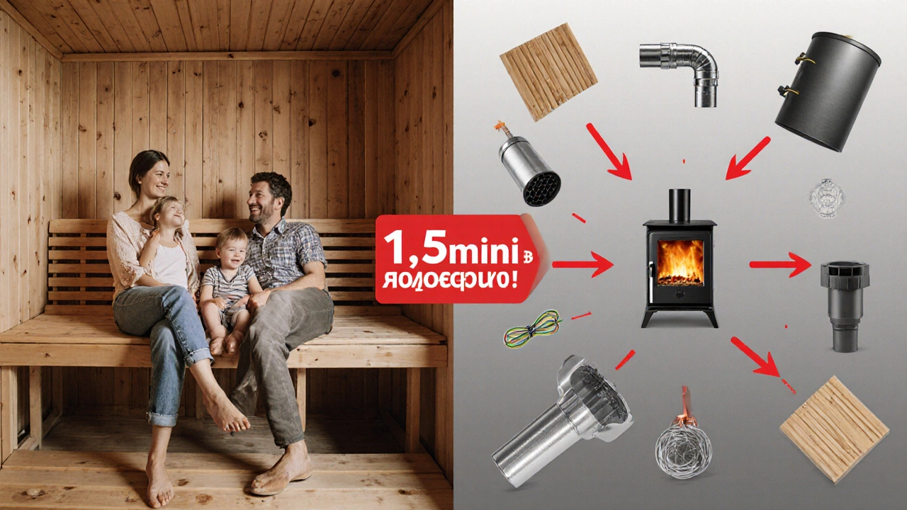 Разделённая сцена: уютная баня внутри и вокруг неё — скрытые расходы: септик, трубы, провода, обшивка и печь с ценником 1,5 млн руб.