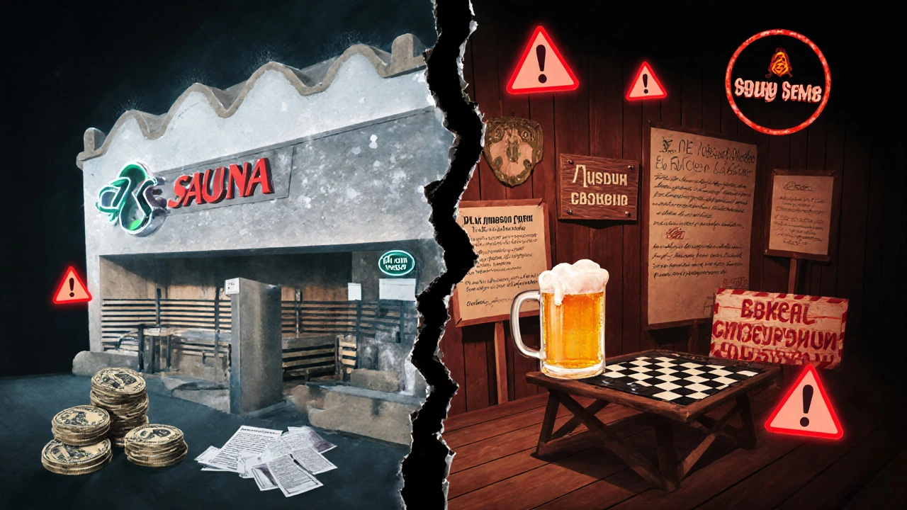 Разрушающийся логотип франшизы, одна часть — японская сауна, другая — уютная русская баня с настольными играми.