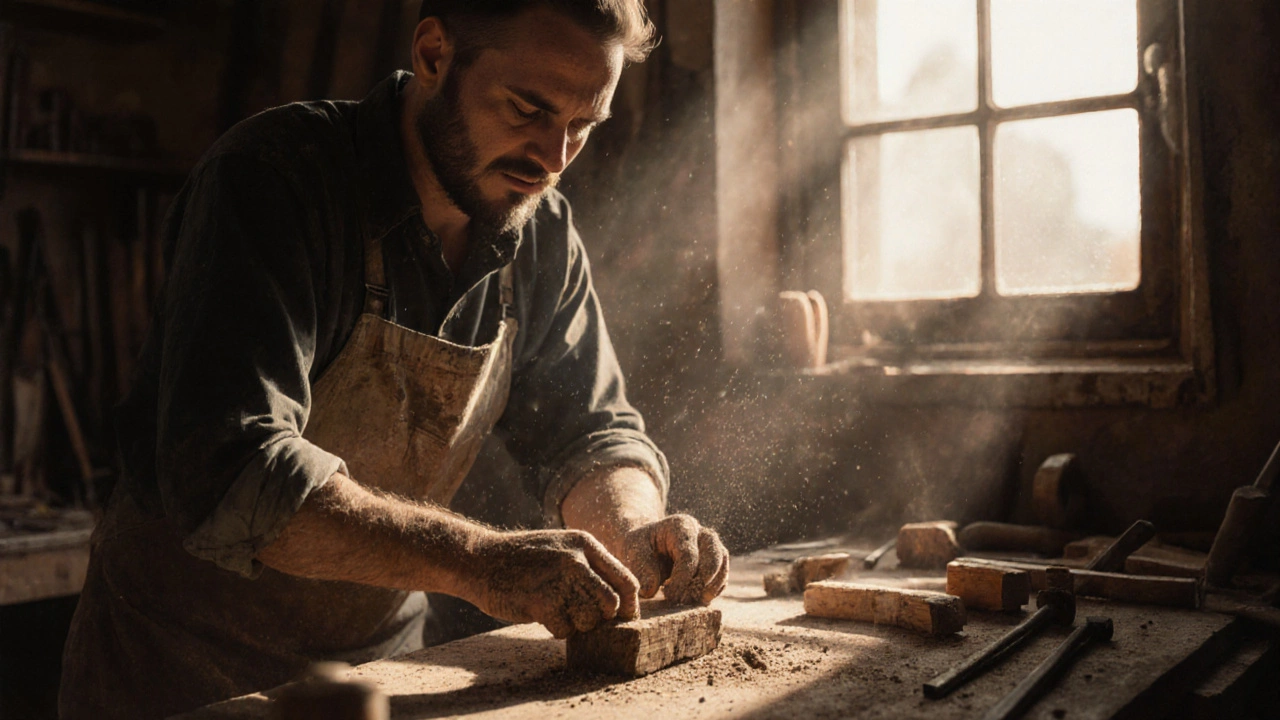 Руки мужчины лепят дерево на верстаке, солнечный свет и опилки вокруг.