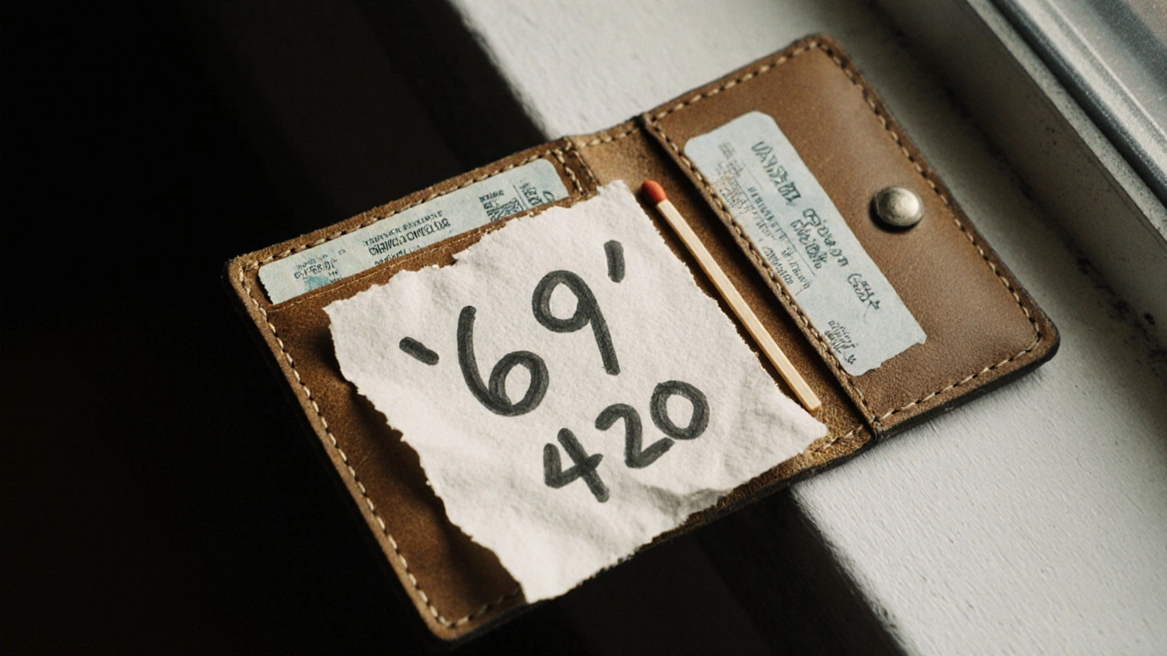 Рукописная записка с числами &#039;69&#039; и &#039;420&#039; в кошельке рядом со спичкой и билетом.