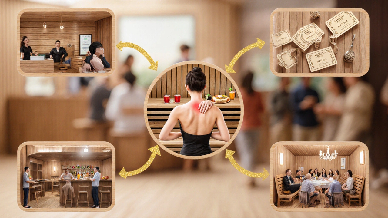 Схема доходов сауны: входные билеты, массаж, напитки, абонементы и аренда залов, теплые тона.