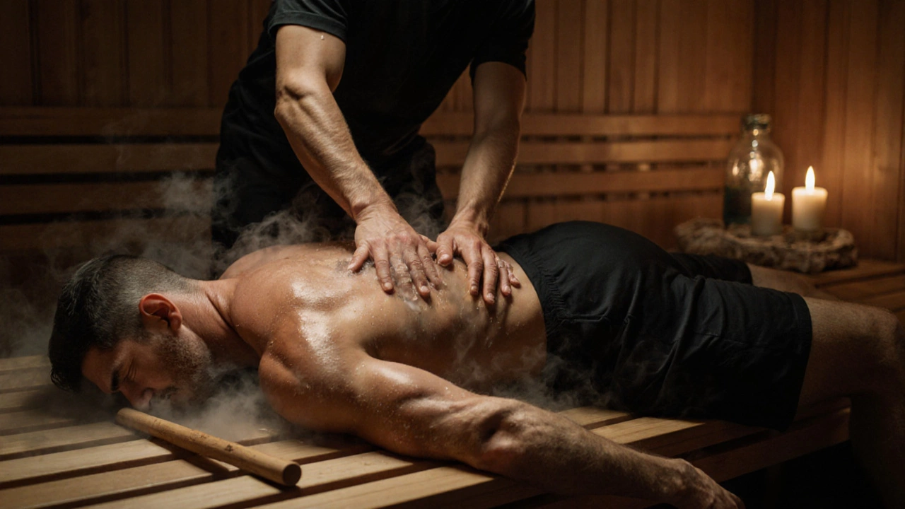 Спортсмен после тренировки получает спортивный массаж в сауне, массажист использует резкие движения на бедрах, вокруг — пар и деревянные стены.