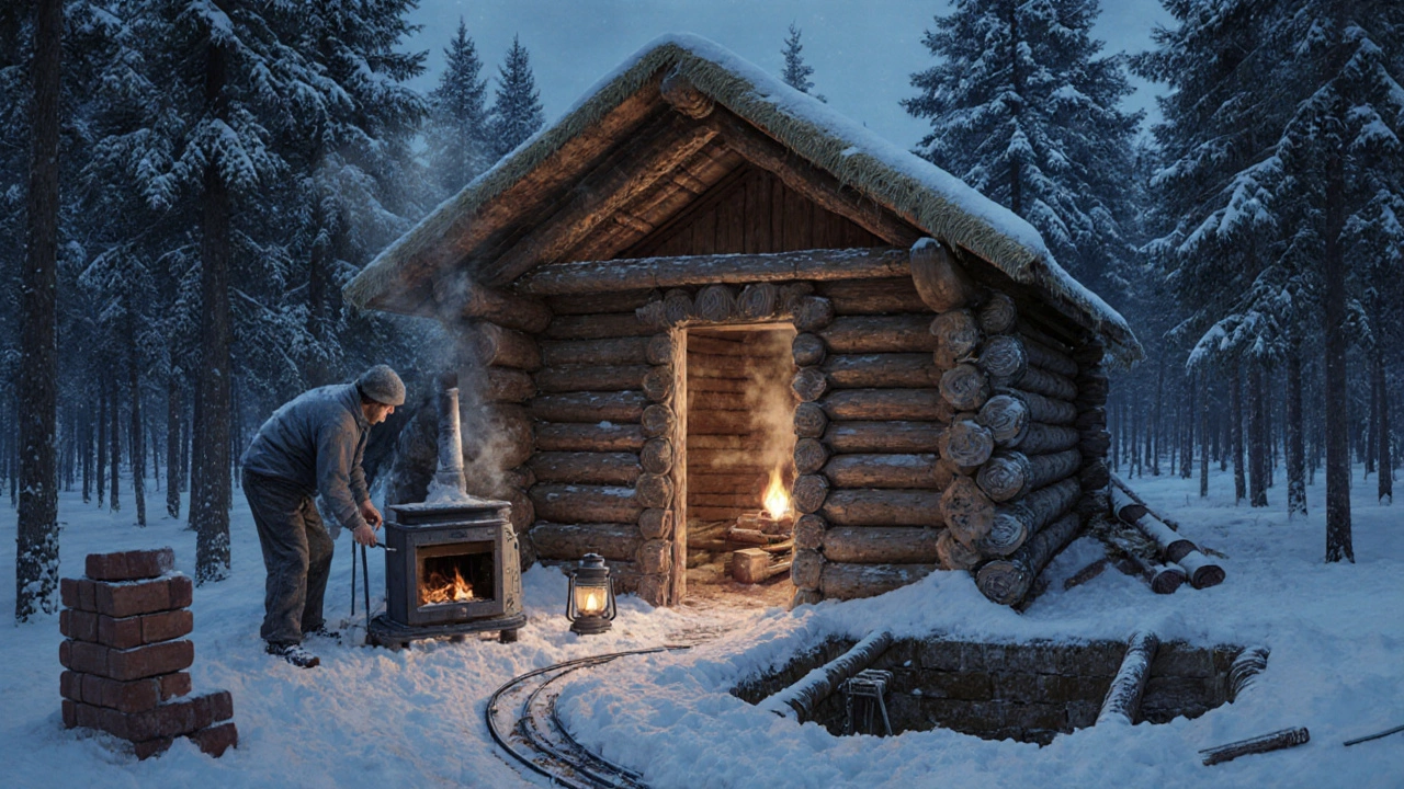 Строительство бани из оцилиндрованного бревна в лесу, рабочие уплотняют стены, на заднем плане — кирпичная печь и дренаж.