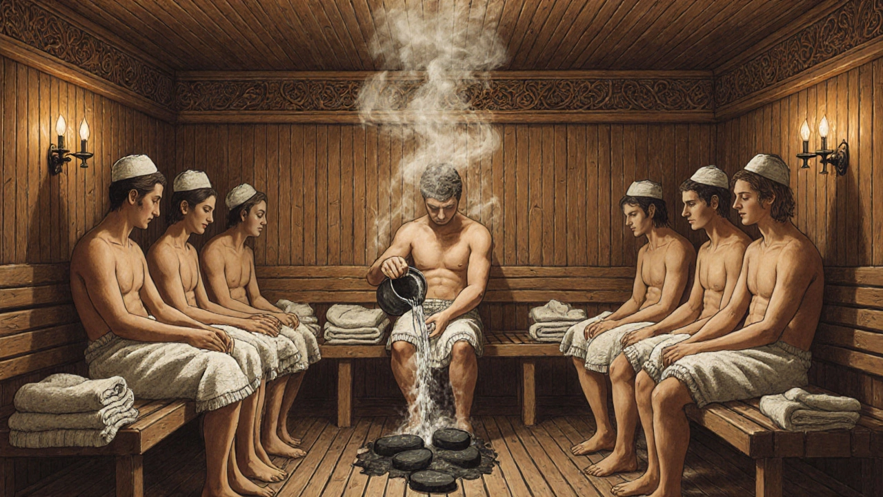 Традиционная русская баня: люди в полотенцах, пар поднимается от камней, тишина и уют.