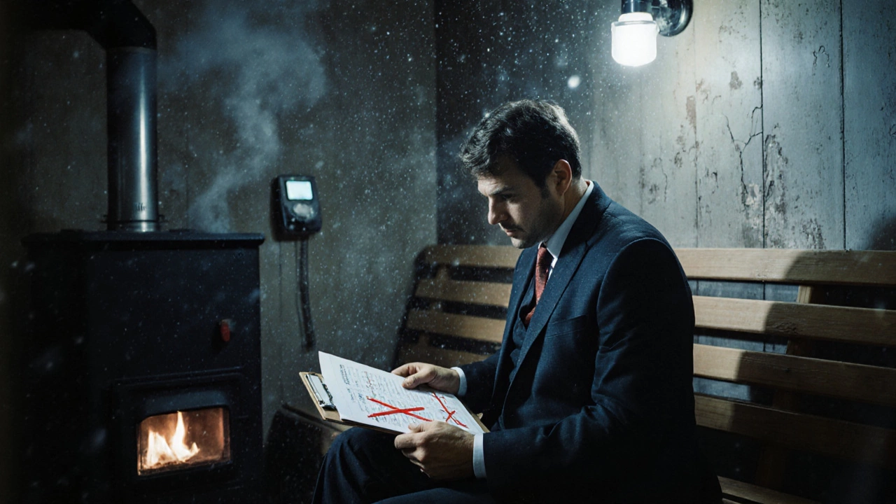 Уставший владелец сидит в пустой сауне ночью, перед ним финансовые документы, пар еще поднимается от печи.