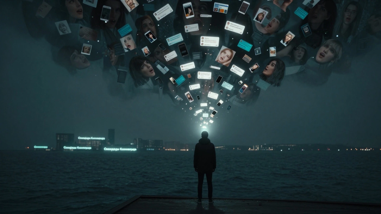 Человек на пирсе в Калининграде, вокруг него витают цифровые данные и тени анонимных людей.