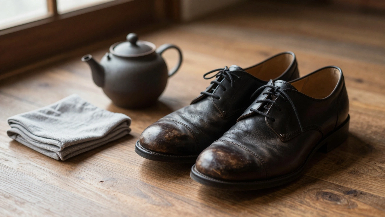 Чистые ботинки, чайник и ткань фурусики на деревянном полу — символ простоты и внимания.