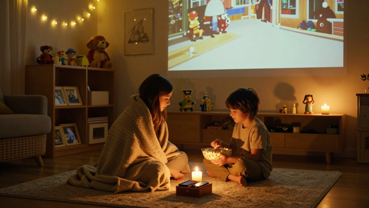 Девушка смотрит старый фильм на стене в уютной комнате, свечи и пледы, телефоны в коробке на полу.