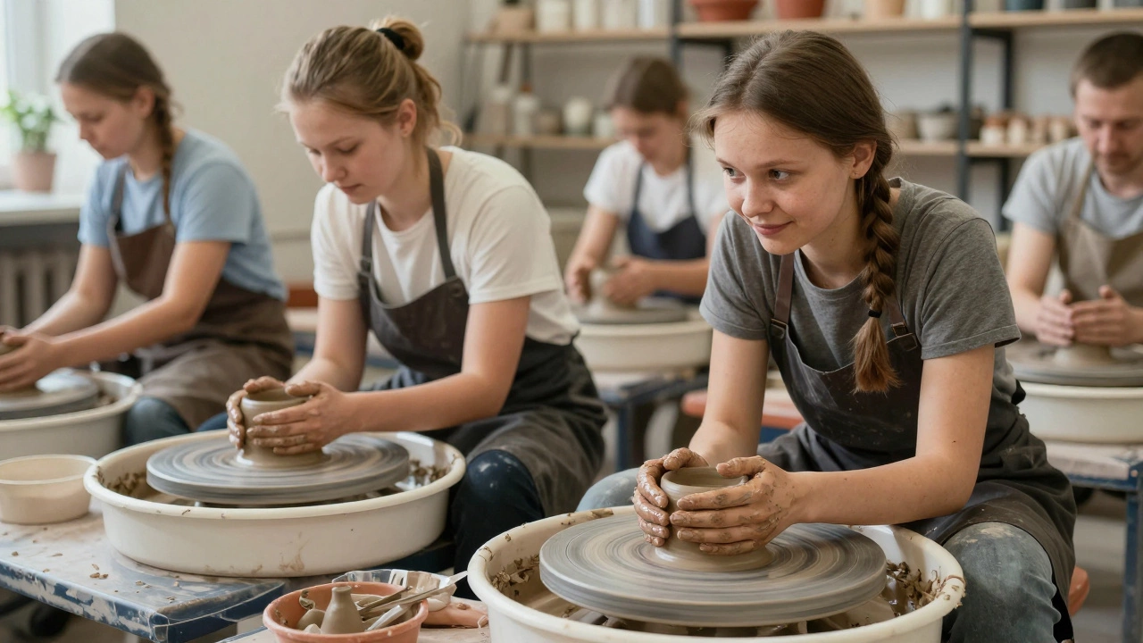 Люди занимаются гончарным делом в творческой мастерской, тихо и сосредоточенно.