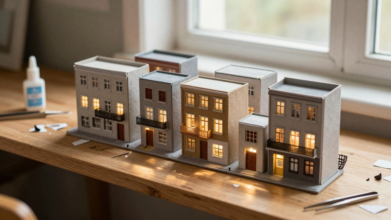 Миниатюрная улица из спичечных коробков с крошечными домами и светящимися окнами.