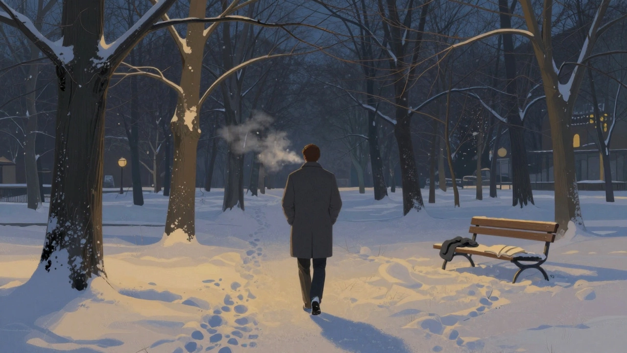Мужчина идет по заснеженному парку в сумерках, без телефона, шаги оставляют следы в снегу.