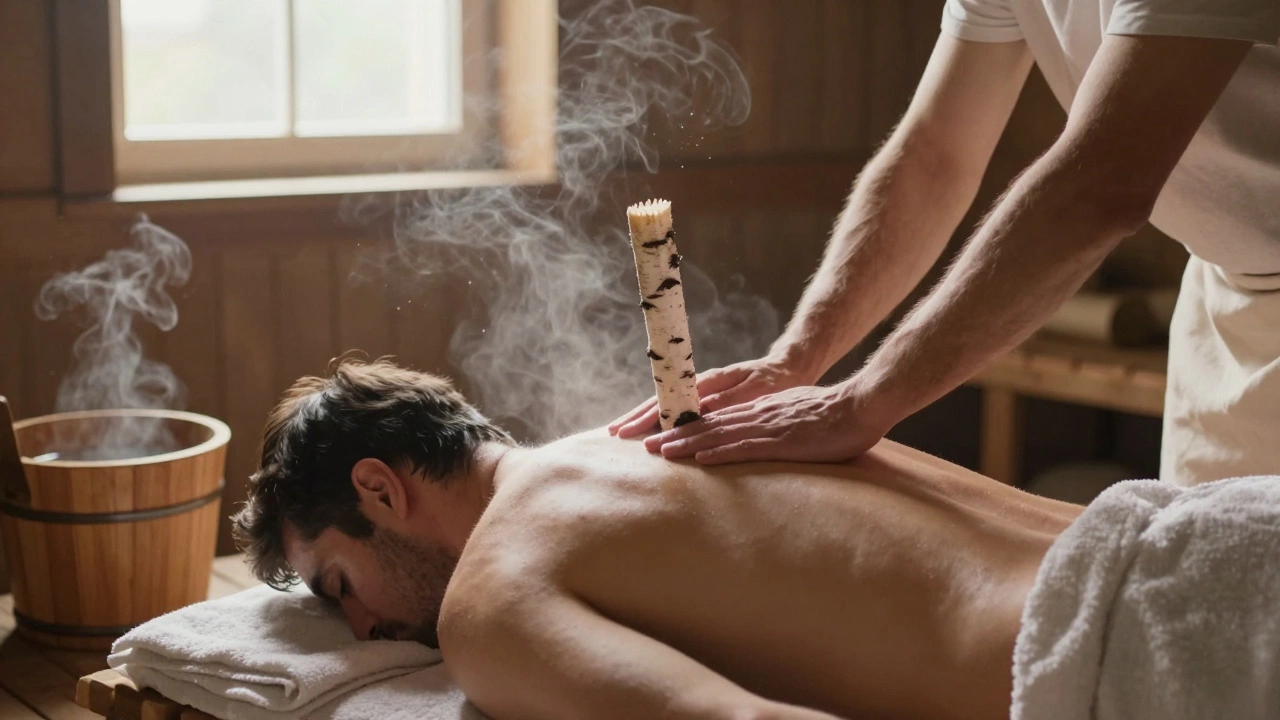 Мужчина мягко использует берёзовый веник на спине другого, пар и свет создают атмосферу ритуала.