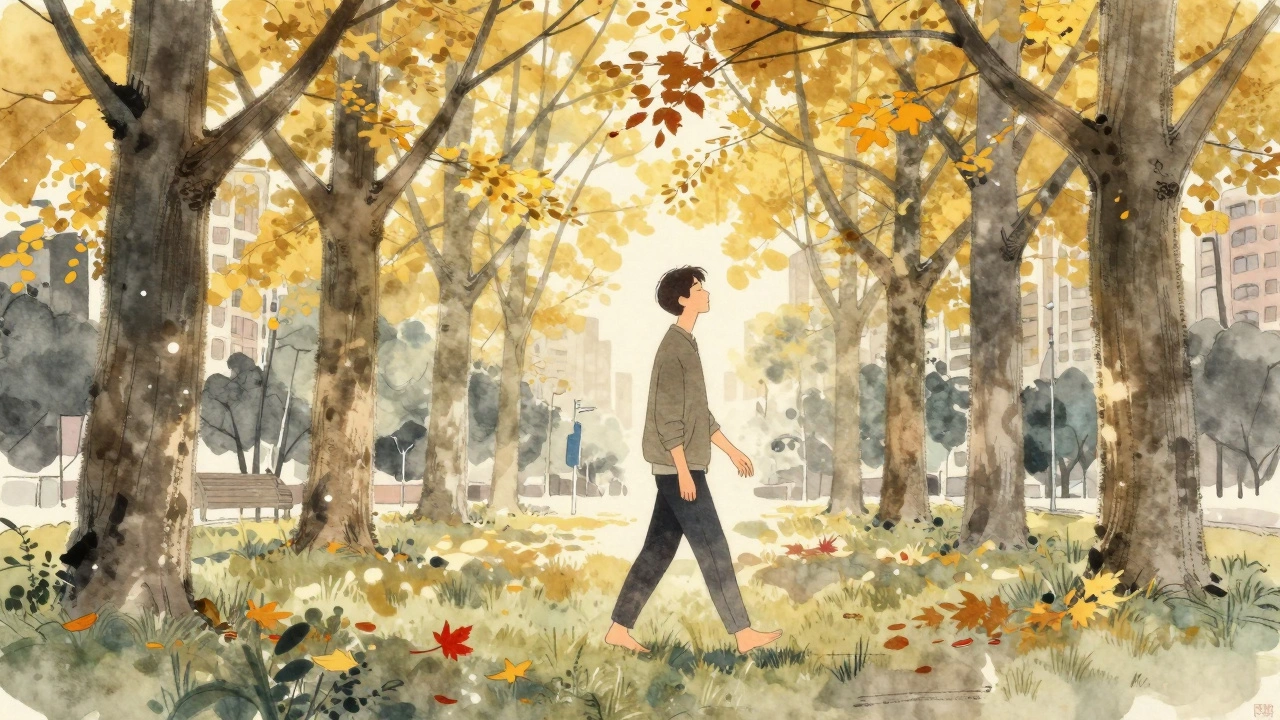 Мужчина медленно гуляет по парку без наушников, окружён осенними деревьями, глаза закрыты.