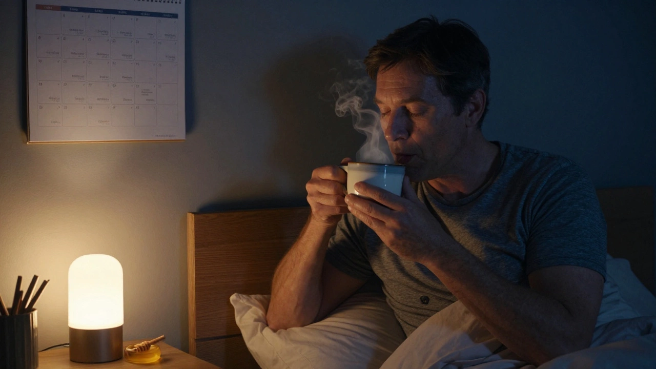 Мужчина пьёт тёплое молоко с мёдом перед сном, спокойный взгляд, тусклый свет ночника.