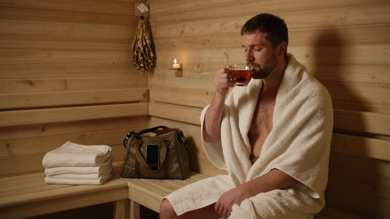 Мужчина после бани пьёт травяной чай, завёрнутый в полотенце, тихо сидит в полумраке, телефон лежит в сумке.