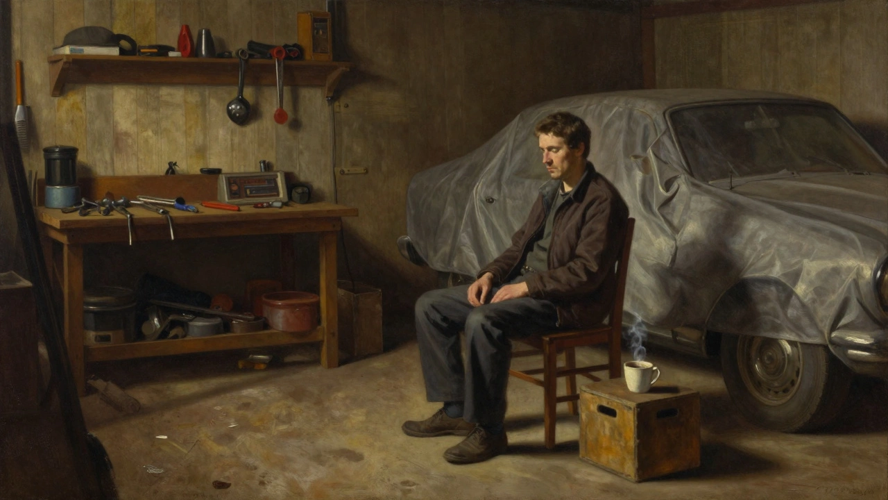 Мужчина сидит в тишине на стуле в гараже, рядом чашка кофе и старая машина под накидкой.