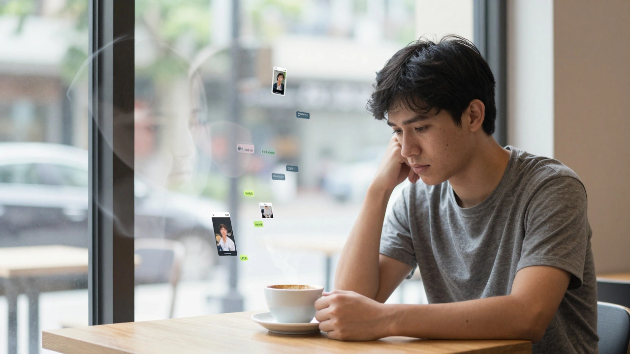 Мужчина в кафе, вокруг него парят прозрачные копии его фотографий и переписок.