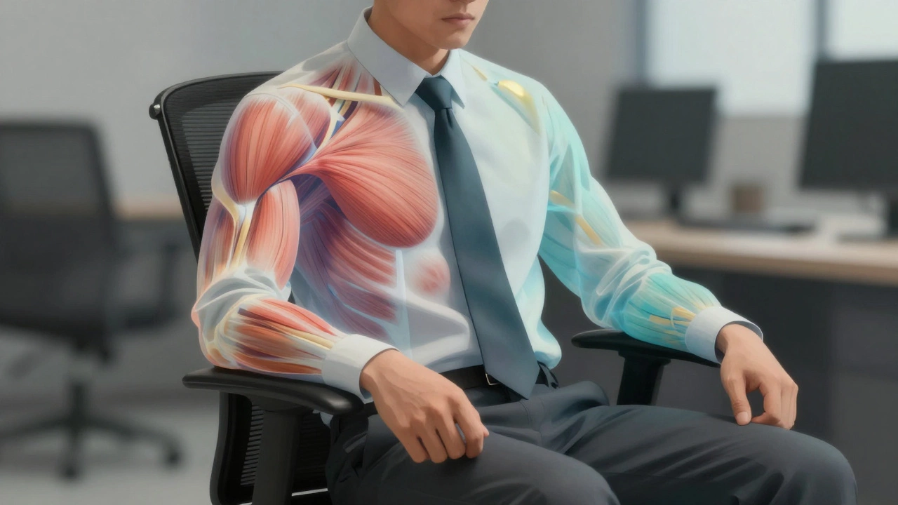Мужчина в офисе, напряжение в руке контрастирует с расслабленной рукой, визуализация мышечного напряжения и расслабления.
