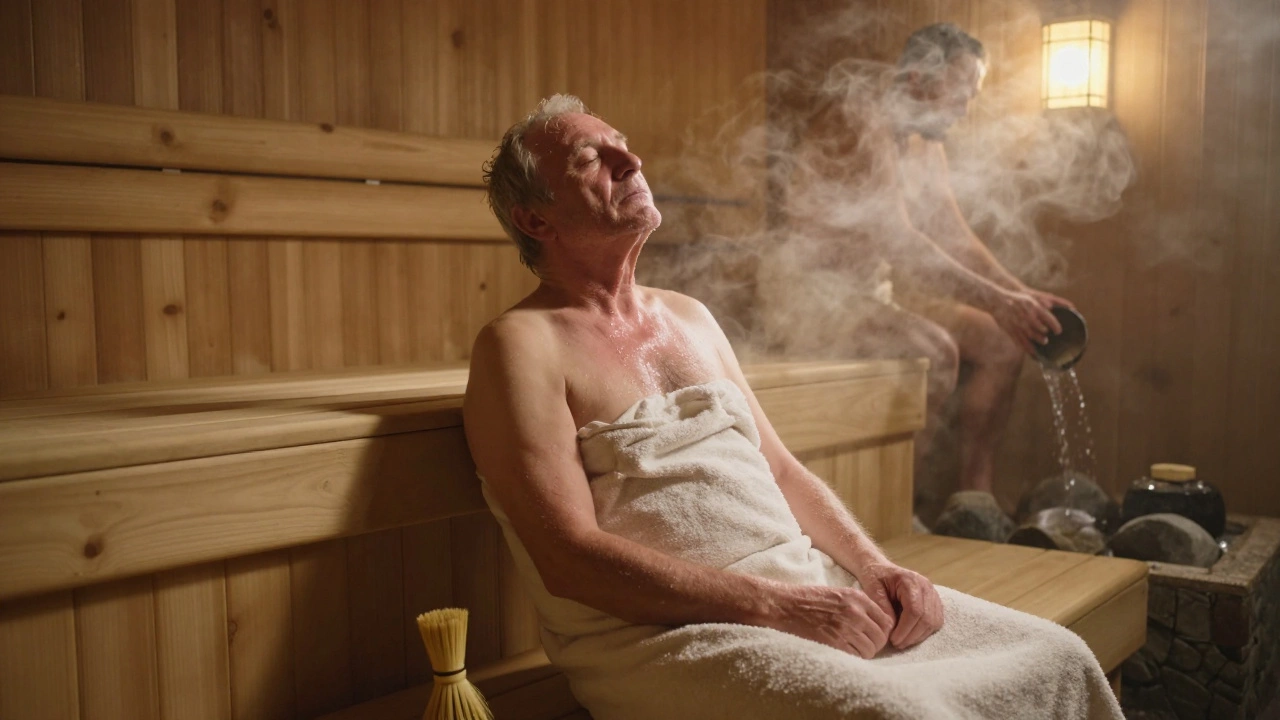 Мужчина в полотенце с закрытыми глазами в парной, пот на коже, вокруг — пар и тишина.