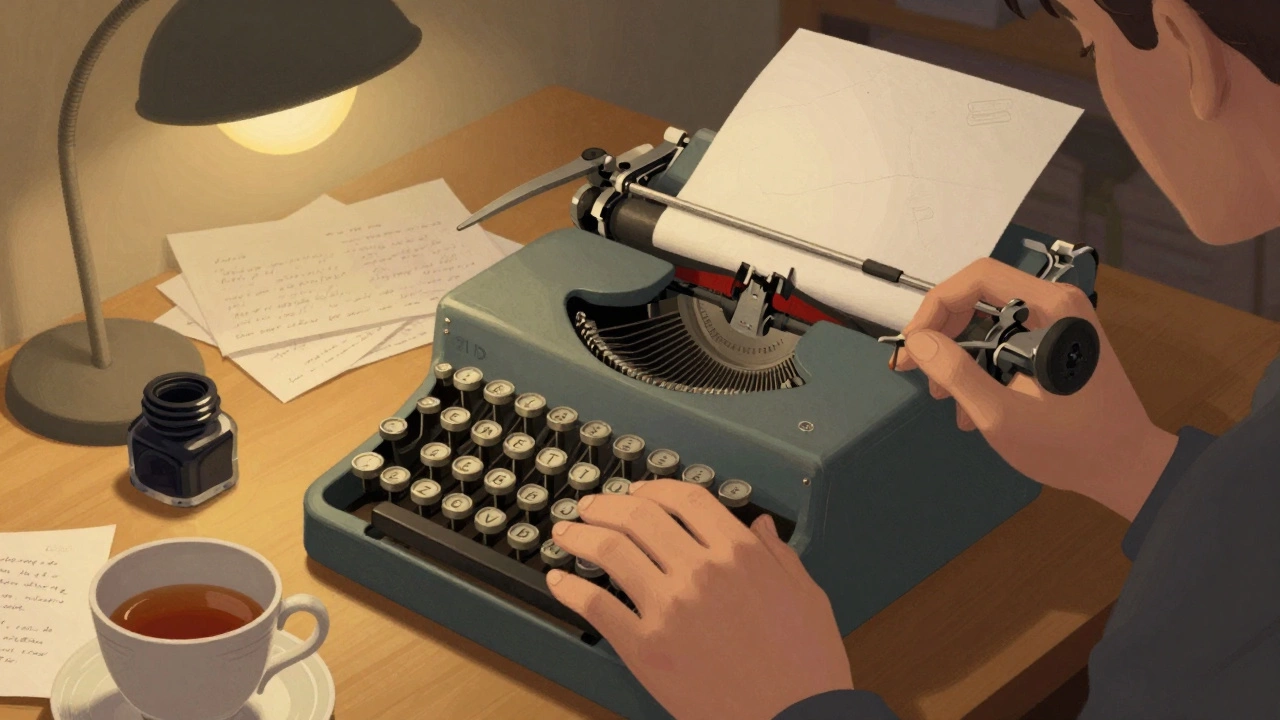 Руки пишут письмо на советской пишущей машинке с видимыми отпечатками букв.